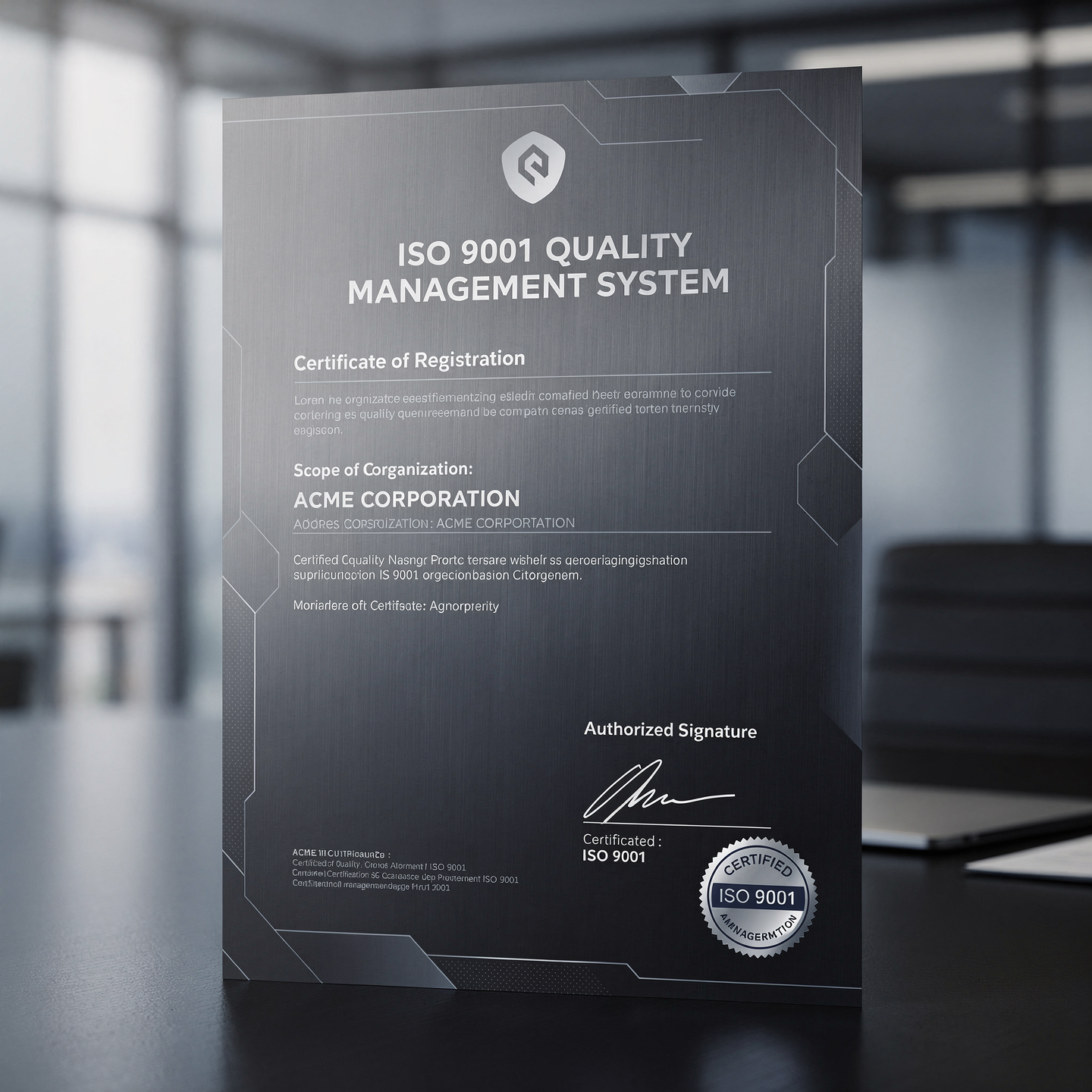 ISO 9001 certificate quality management official document