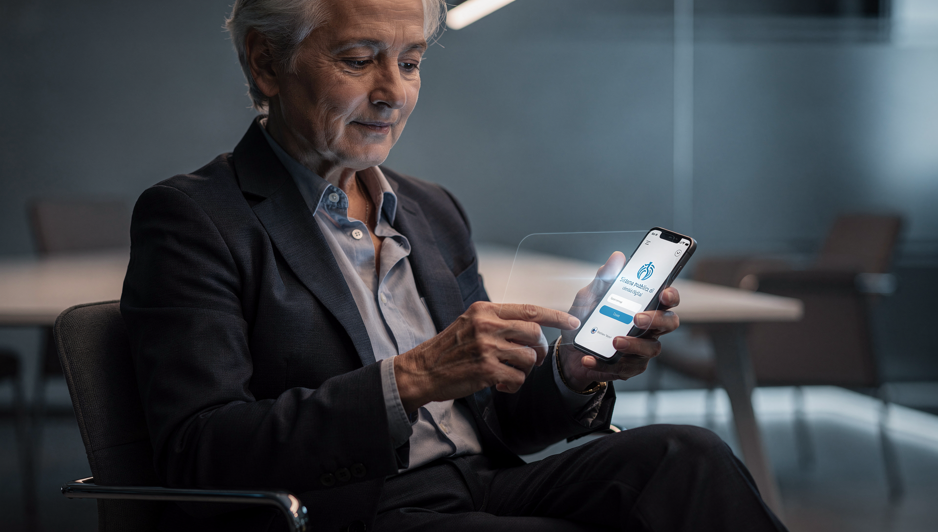 Persona anziana usa lo smartphone con sicurezza, concetto SPID
