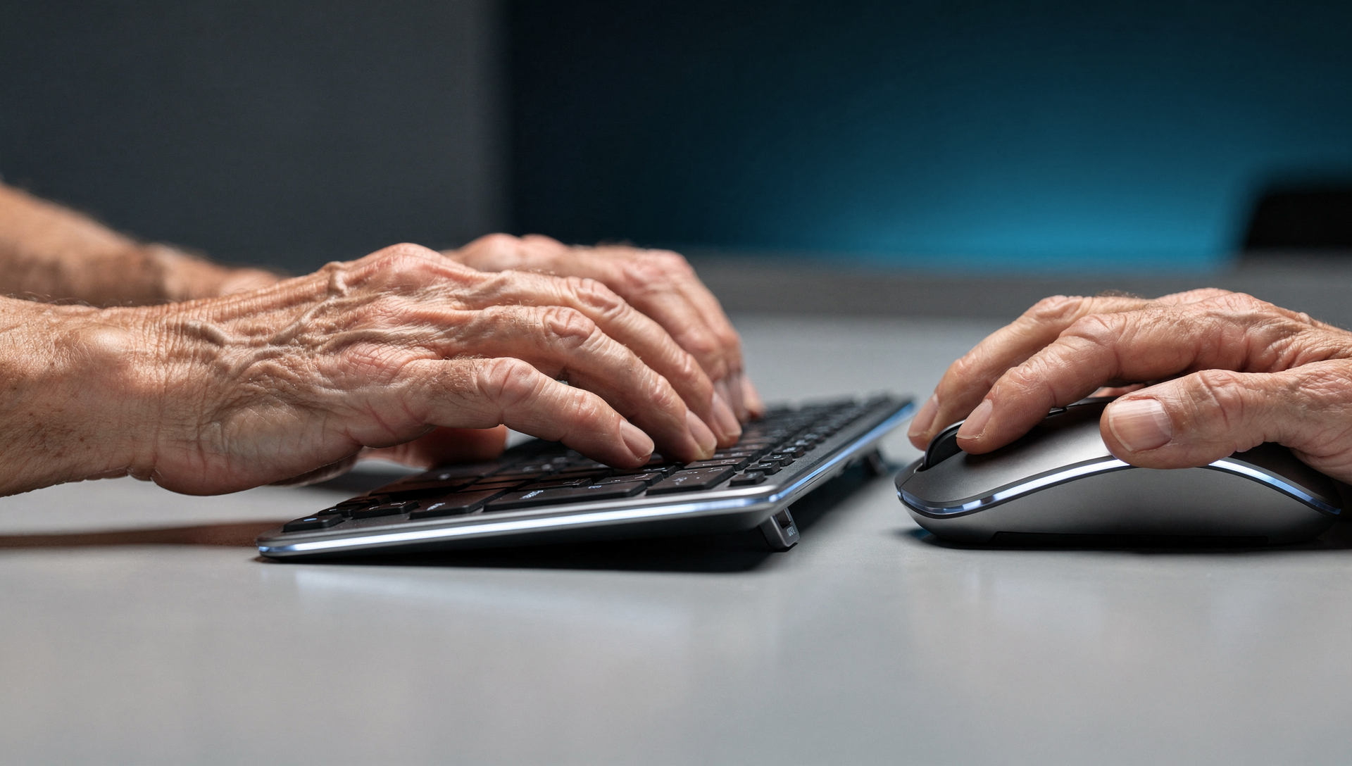 Mani su tastiera e mouse durante l'apprendimento delle basi del computer