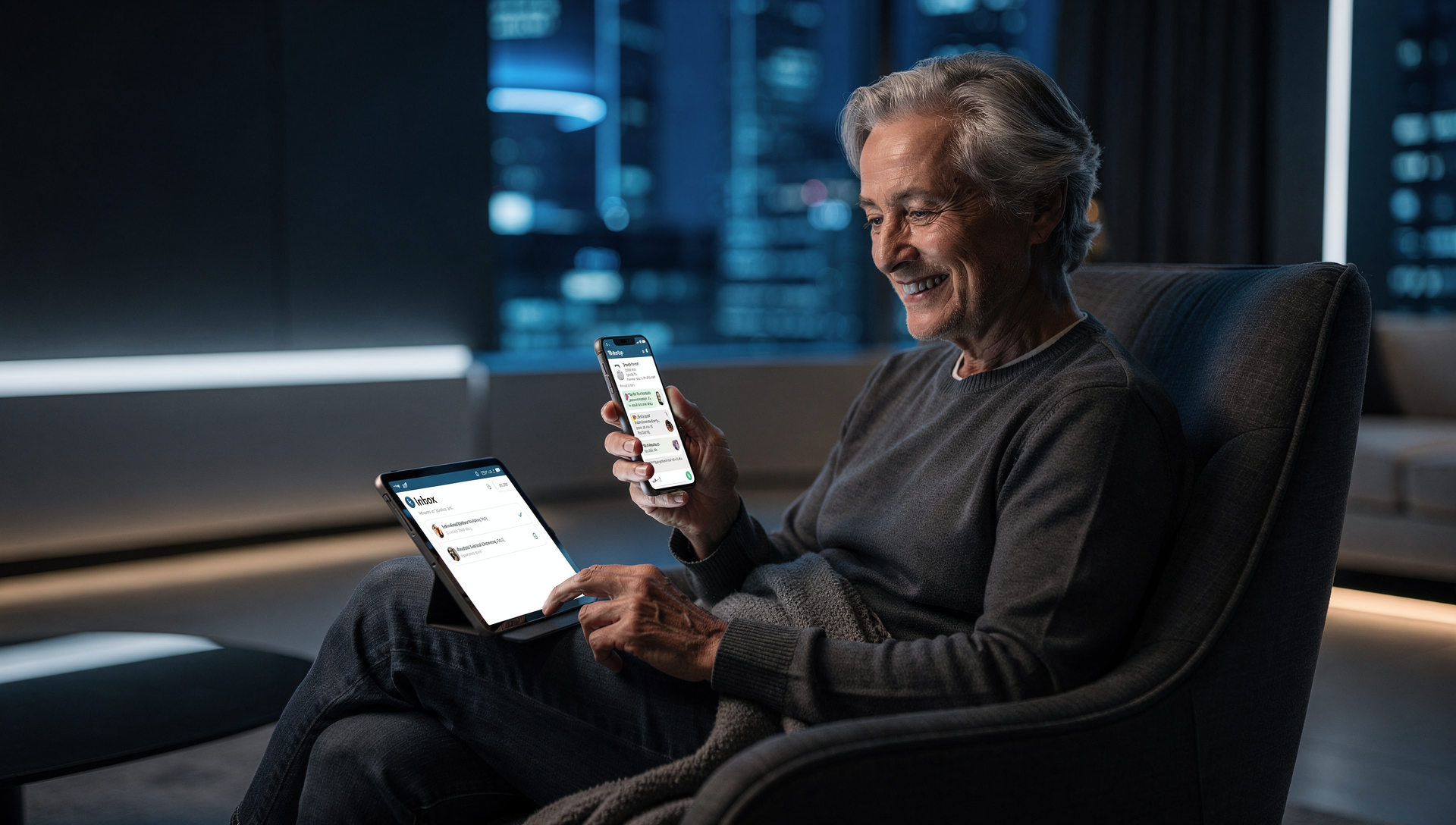 Persona anziana usa email e WhatsApp su tablet e smartphone