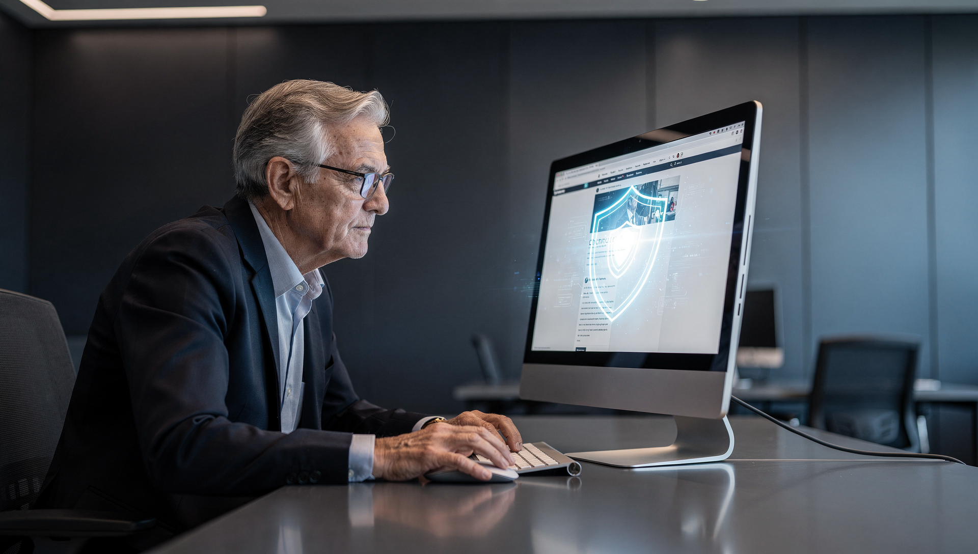 Persona anziana naviga in sicurezza su internet con uno scudo digitale