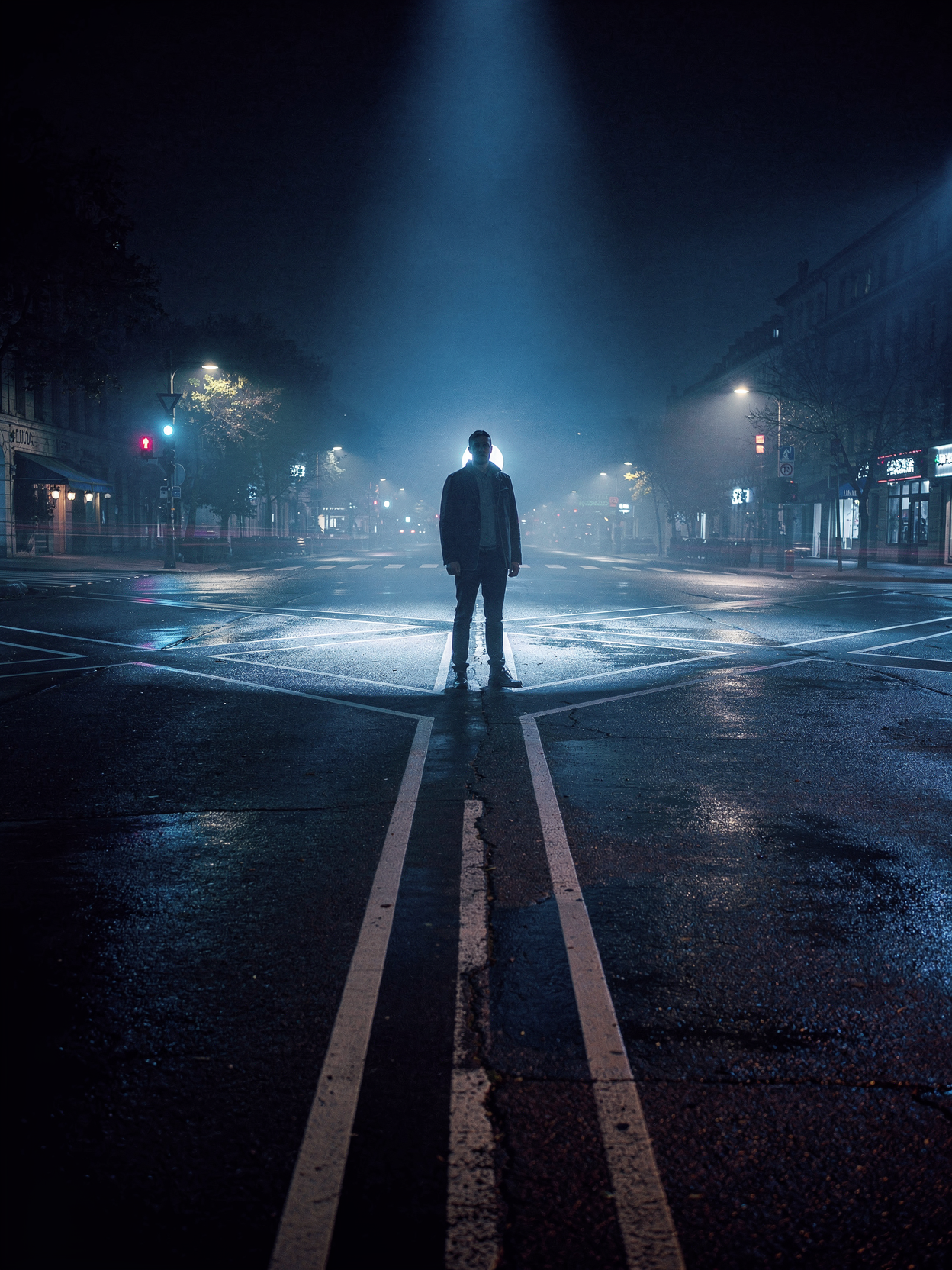 person standing at crossroads minimal dramatic