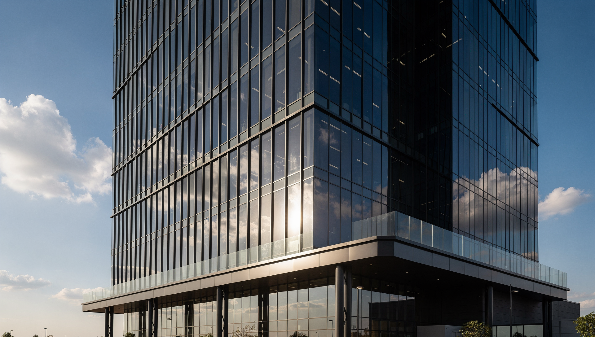 modern corporate building with glass facade and blue sky, professional photography